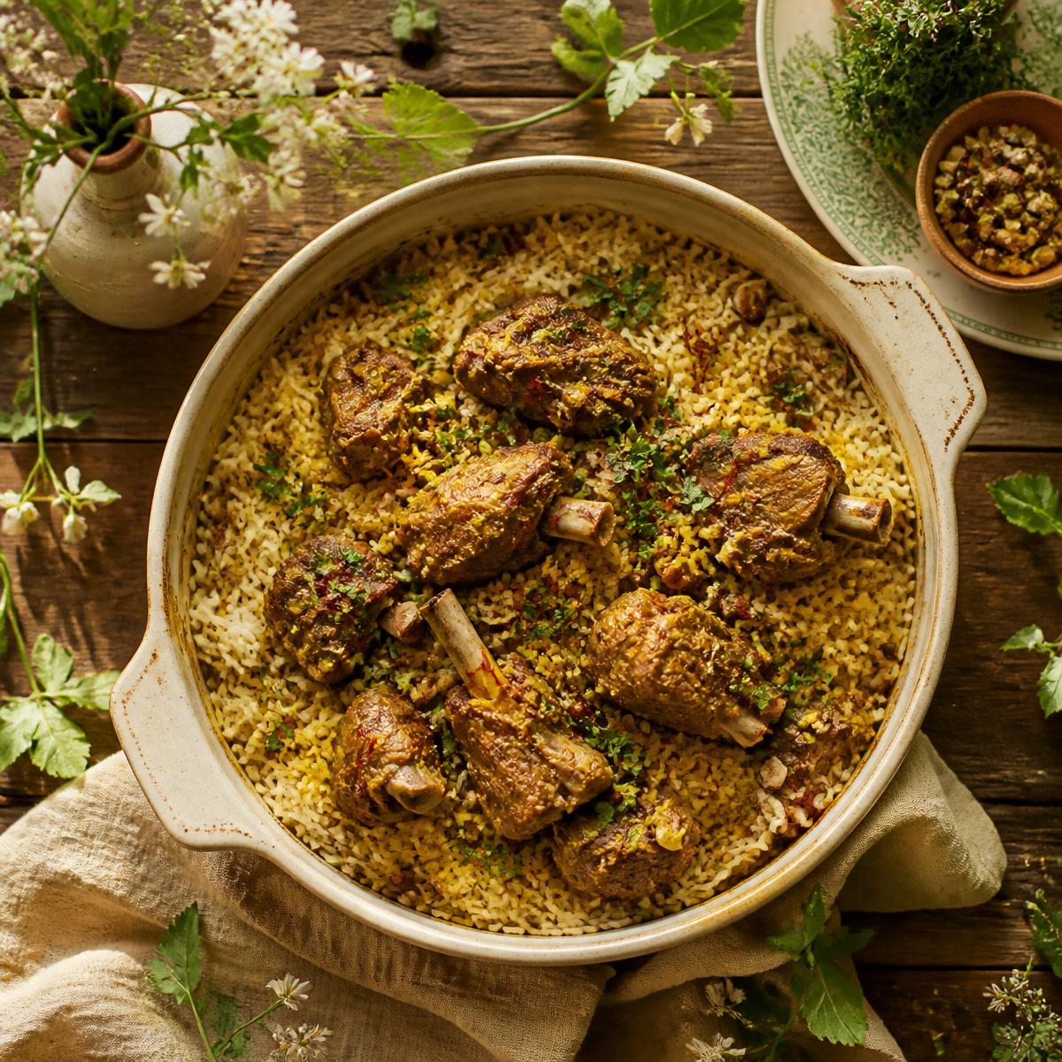 Slow-roasted saffron lamb with heritage spices in a ceramic dish